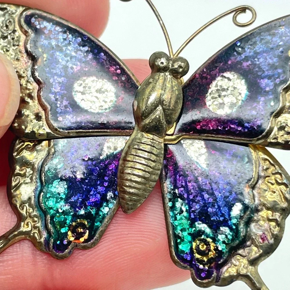 Vintage Gold-Tone Multicolor Patina Dye Enamel Blue Glitter Butterfly Brooch Pin
